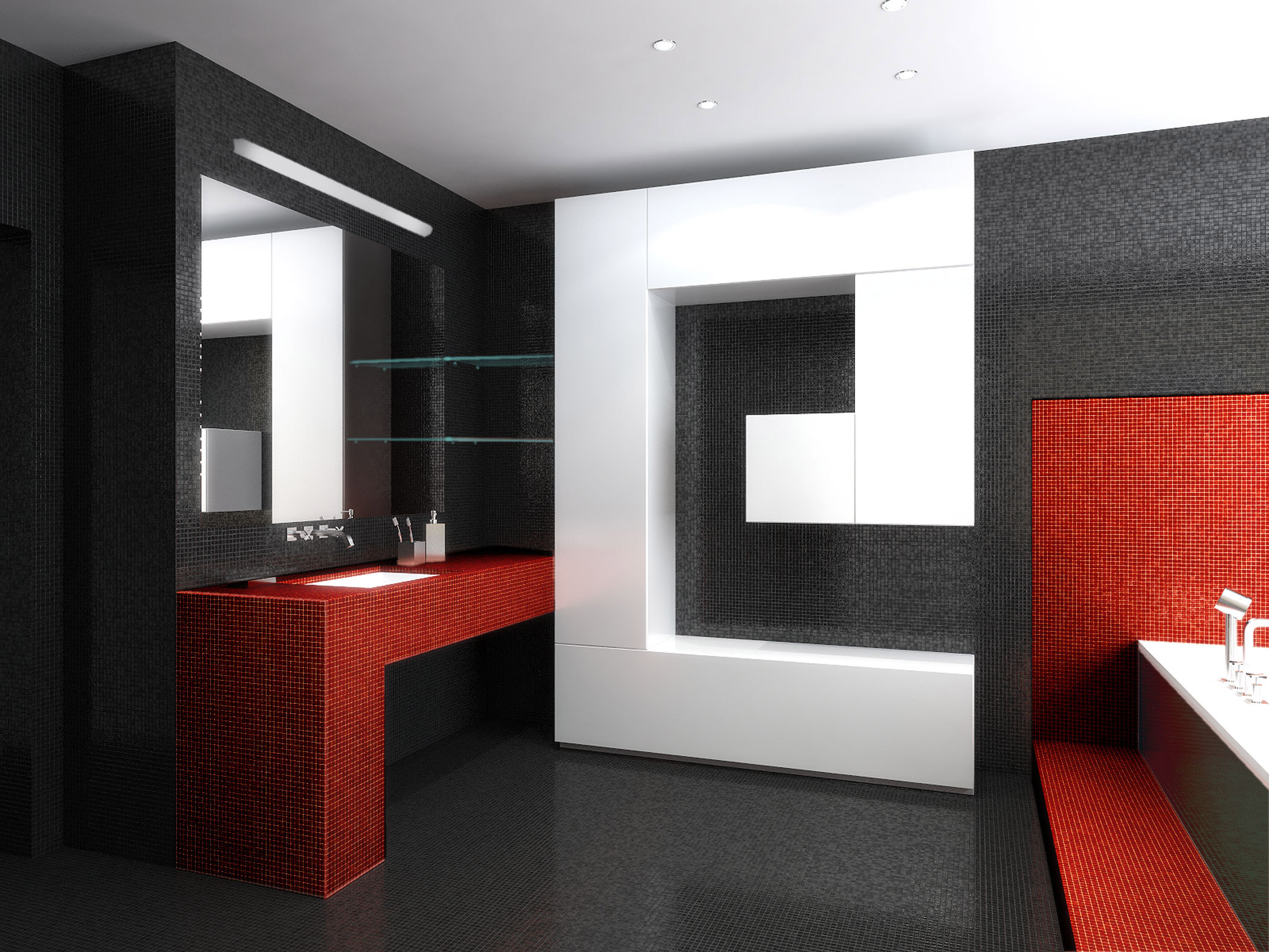 Salle de bain en noir et blanc diluée en rouge