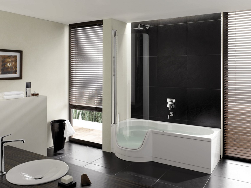 Black and white bathroom with white fixtures