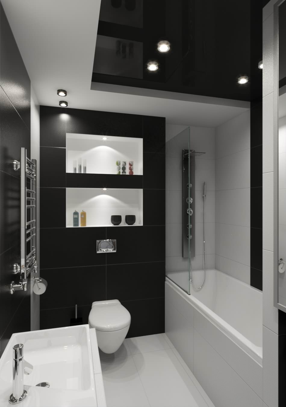 High ceiling black and white bathroom