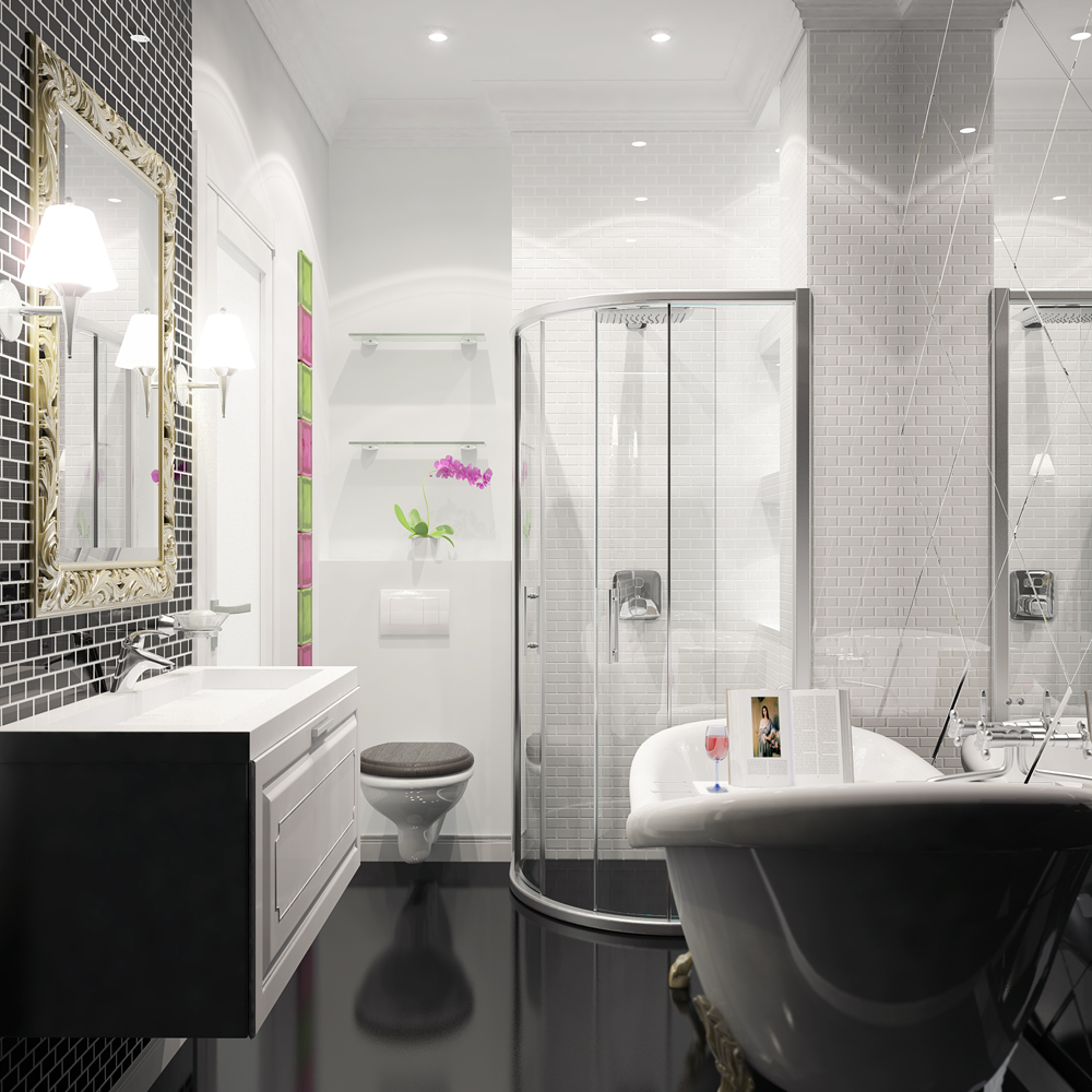 Phòng tắm màu đen và trắng với các yếu tố thủy tinh.