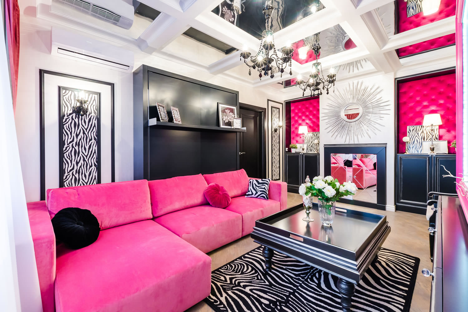 thiết kế phòng khách màu hồng