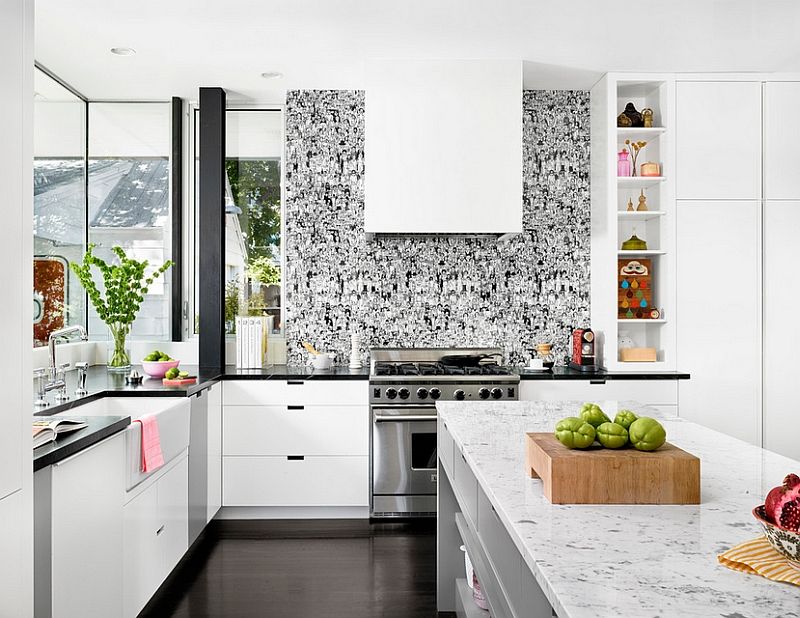 Interiorul bucătăriei albe în stil Fusion
