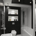 vannas istabas dizains apvienots ar tualeti melnbaltā krāsā