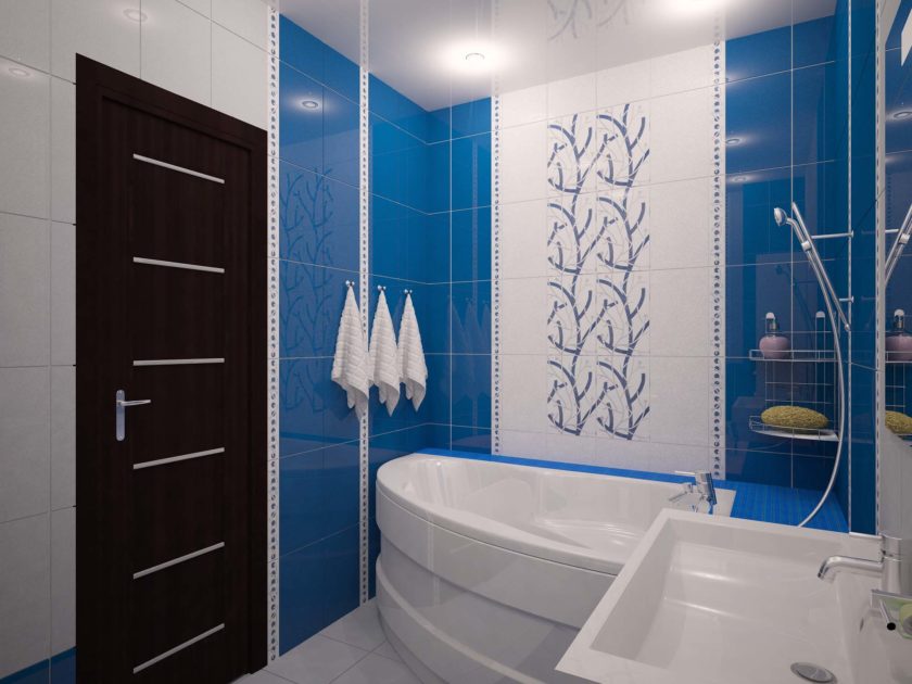 design de salle de bain bleu et blanc