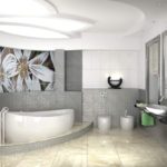 Thiết kế bất đối xứng của một phòng tắm trong một ngôi nhà riêng với in ảnh lát gạch