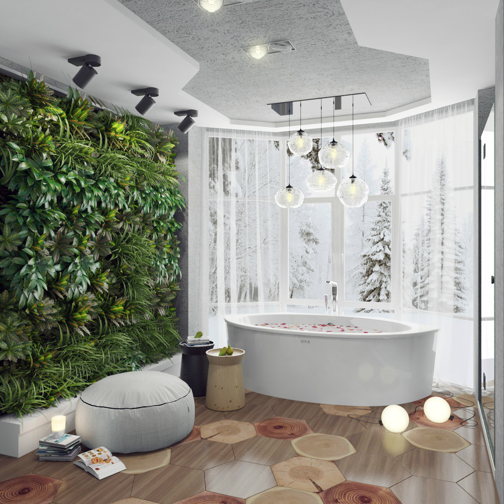 חדר אמבטיה לבן בסגנון אקולוגי עם צמחים