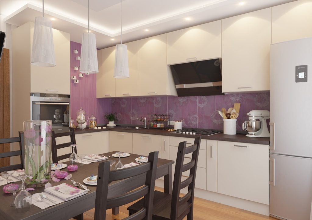 Bucătărie bej culoare violet.
