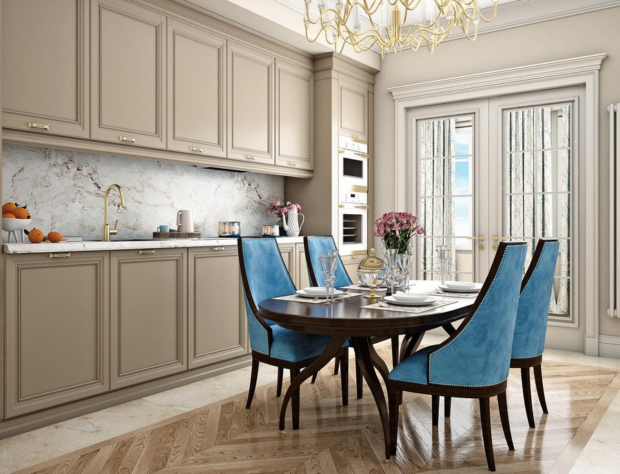 Beige kitchen and blue upholstered chairs