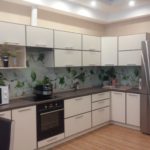 Beige kitchen with photo wallpaper