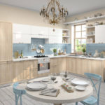 Beige kitchen with light blue and white.