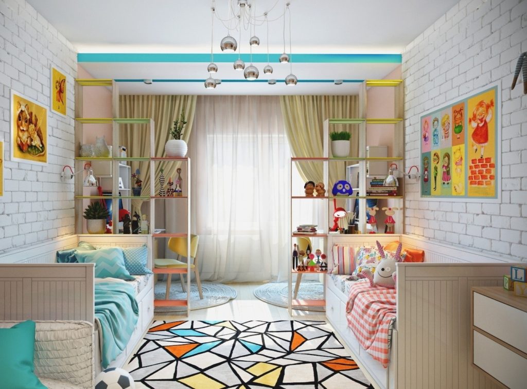 Proiectarea unei camere pentru copii pentru două palete de culori pentru copii heterosexuali