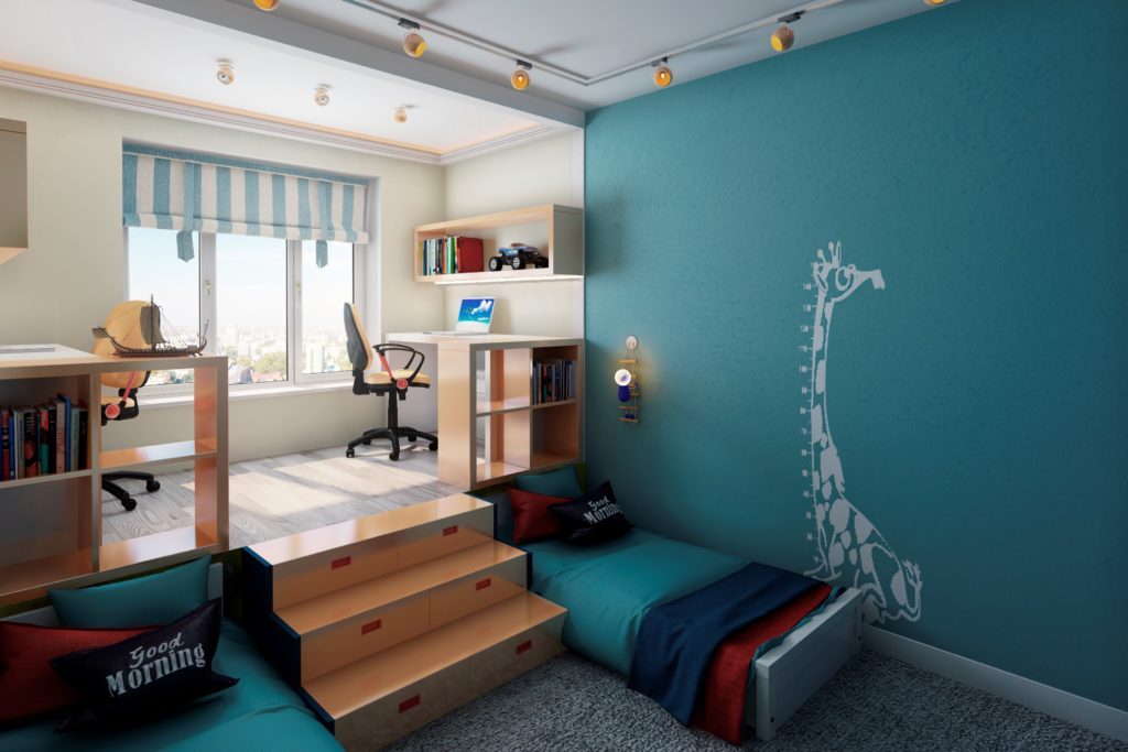 Thiết kế phòng trẻ em cho hai trẻ em dị tính. Giường dưới sàn catwalk.
