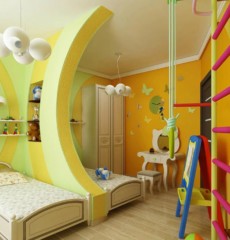 Proiectarea unei camere pentru copii pentru doi copii heterosexuali, o partiție și un perete suedez