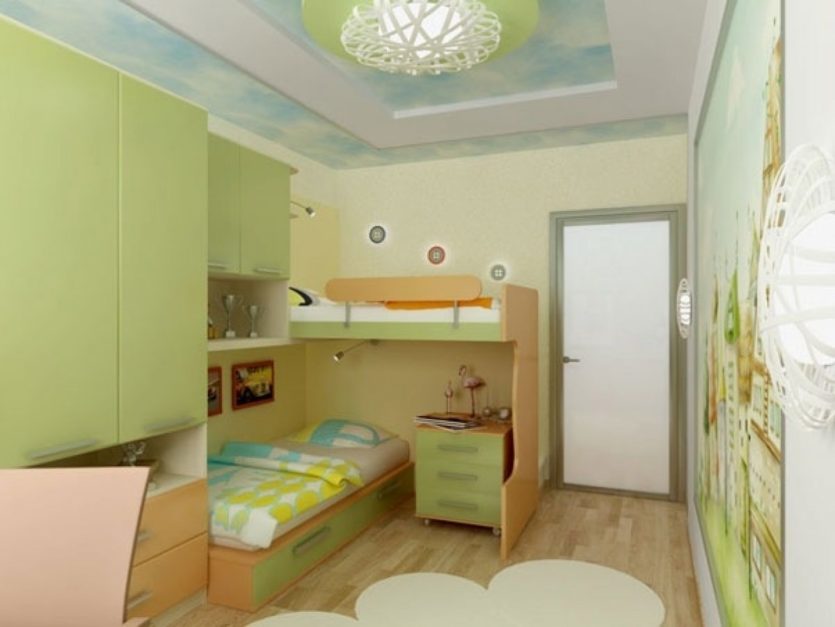 Design of a children's room for two heterosexual children. Light colors.