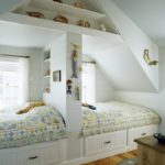 Design of a children's room for two heterosexual children in the attic with a partition