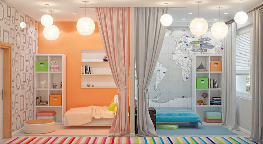 Bērnu istabas dizains diviem heteroseksuāliem bērniem