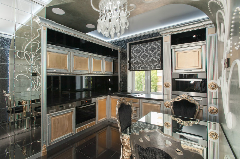 Kitchen design in modern art deco style glass and gilding