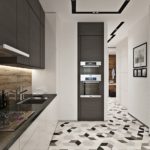 Virtuves dizains mūsdienīgā stilā iebūvētas mēbeles un ģeometrisks raksts uz grīdas