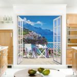 Wall mural in the interior of the kitchen 3d illusion