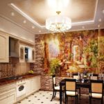 Sienas sienas virtuves interjera kombinācija ar dekoratīvo akmeni
