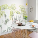 Bức tranh tường trên tường chụp macro nội thất nhà bếp với màu xanh lá cây trên nền trắng