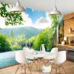Sienas sienas virtuves interjers ar dabisko ainavu