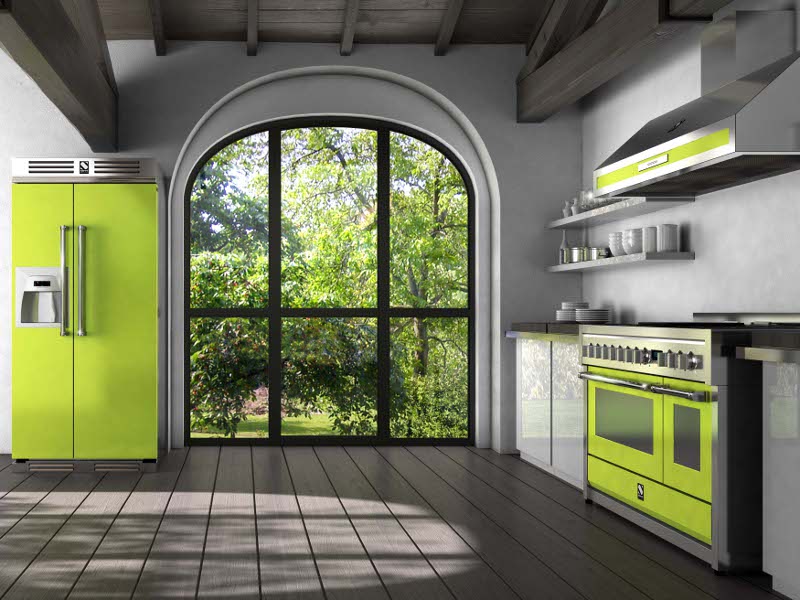 מקרר ירוק בפנים המטבח עם מבטאים עיצור