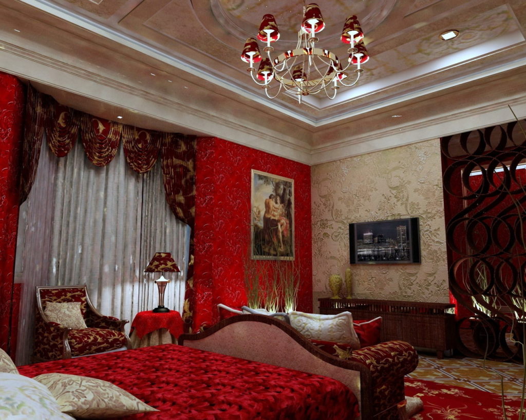 yatak odası kırmızı renkte duvar dekorasyonu