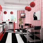 Combinație de culori interior bucătărie negru și roșu pe alb