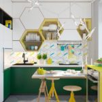 Combinaison de couleurs intérieur de cuisine vert froid et jaune sur fond blanc