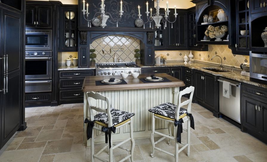 Combinație de culori interior bucătărie clasică în negru