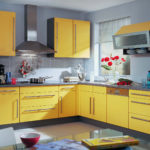 Combinaison de couleurs intérieur de cuisine jaune clair mat sur fond gris