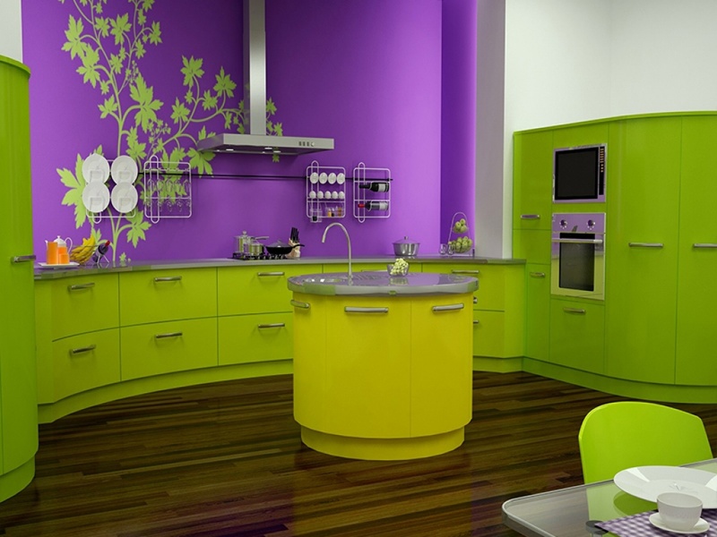 Mutfağın iç kısmının renk kombinasyonu iki parlak ve nötr üçlüsüdür