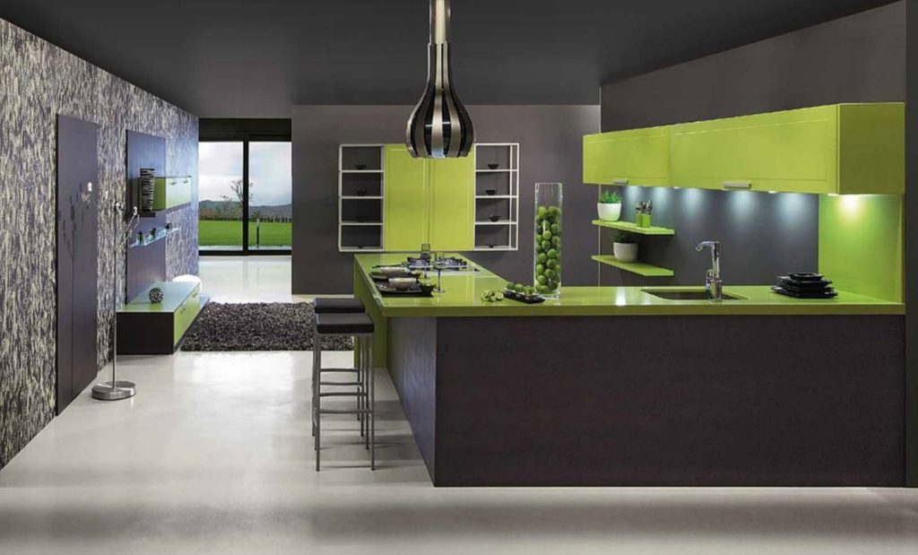 Combinație de culori interior bucătărie verde și negru