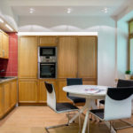 Modern kitchen, ceramic tiles and walnut set