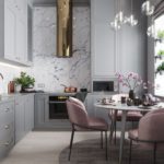 Gray-pink modern kitchen in high room
