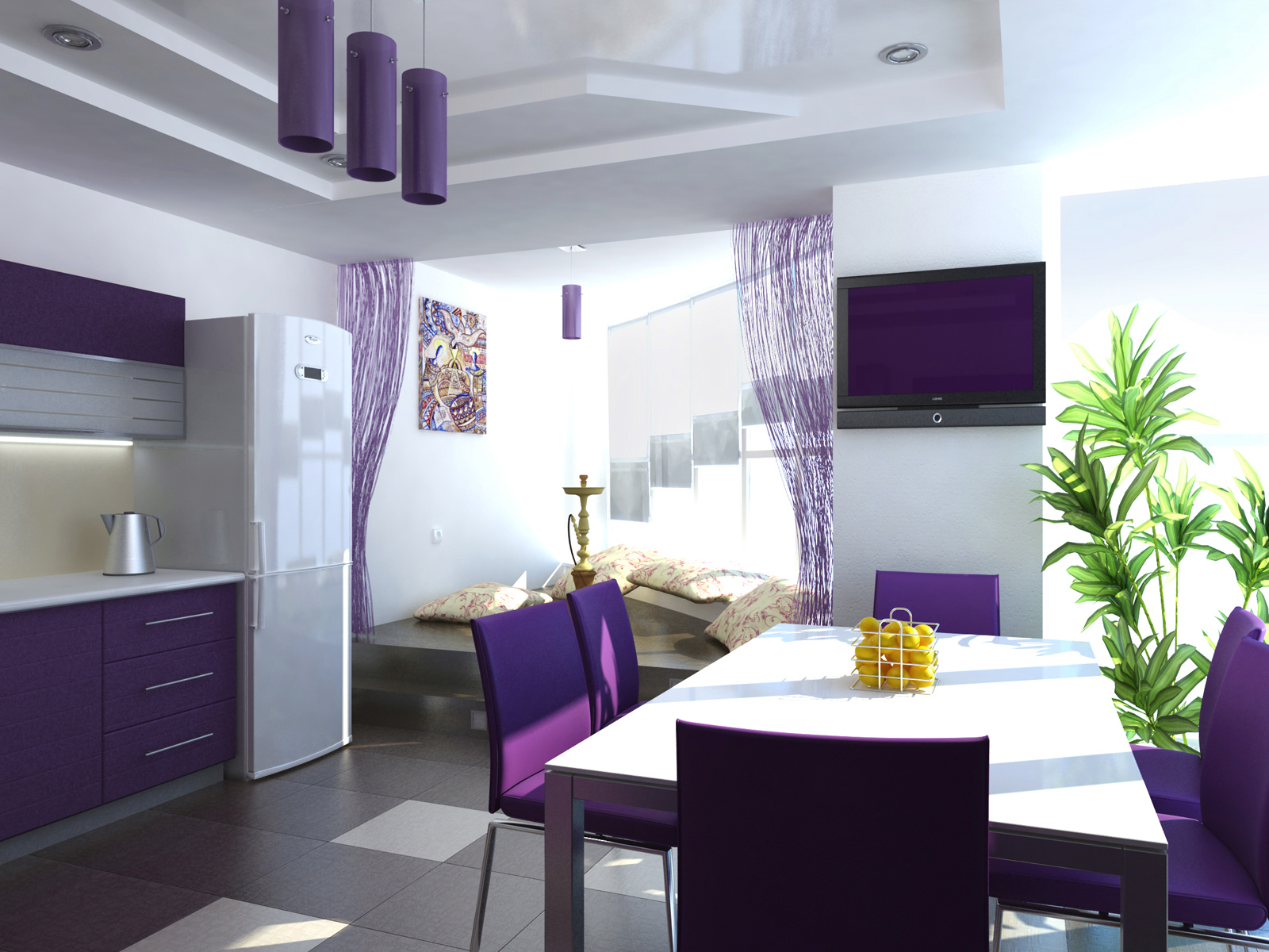 Violetie krēsli virtuvē
