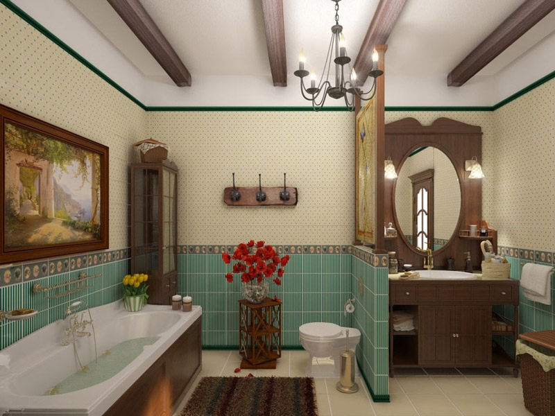 Décor de salle de bain de style champêtre pour une grande pièce