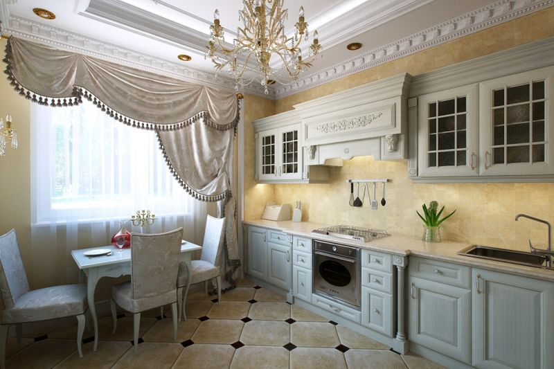 Kitchen design in a private house porcelain tiles and candelabra