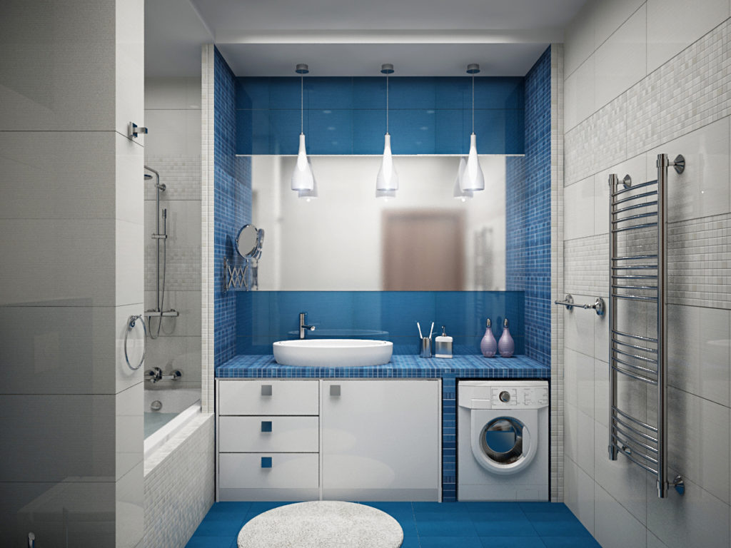 Conception de la salle de bain dans les couleurs blanches et bleues de Khrouchtchev
