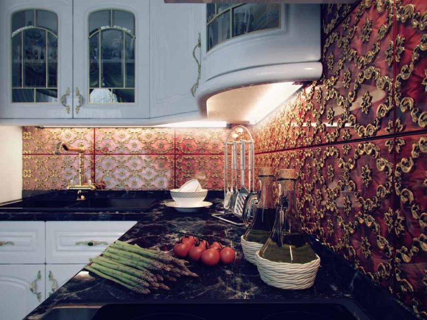 סינר עשוי אריחים בתצלום המטבח