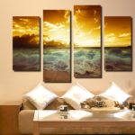Deniz manzarası ile oturma odası iç Quadriptych resimleri