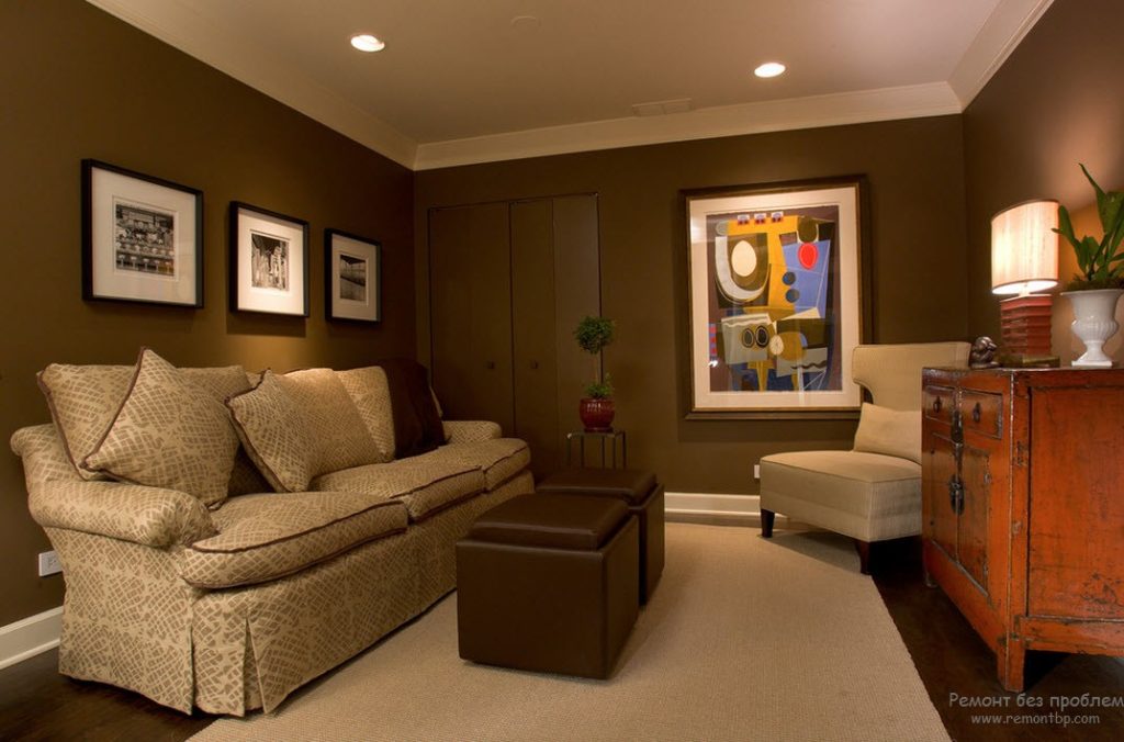 Kahverengi tonlarında oturma odasının iç resimleri