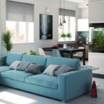 virtuve viesistaba 18 m2 stilīgs zils dīvāns