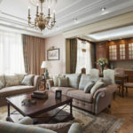 Living room decoration with sofas and armchairs in the center