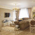 Living room decor with upholstered sofa and chandelier with shades