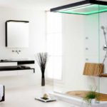 Beyaz bir tuşta modern banyo tasarımı minimalizm ve yüksek teknoloji