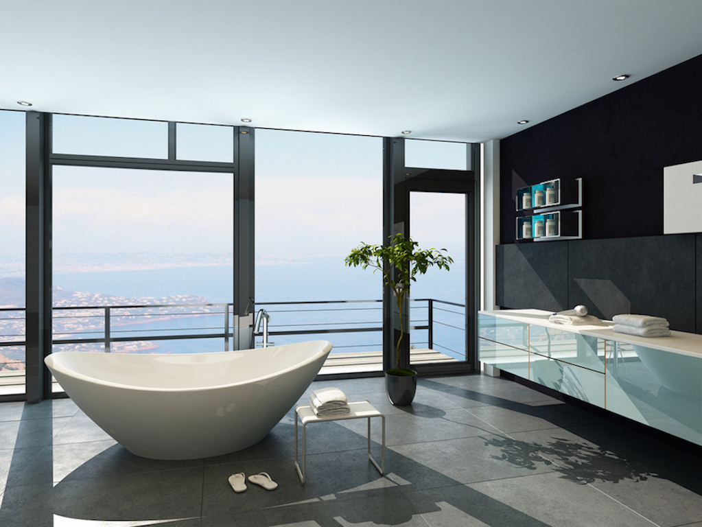 thiết kế phòng tắm hiện đại với bồn tắm trắng