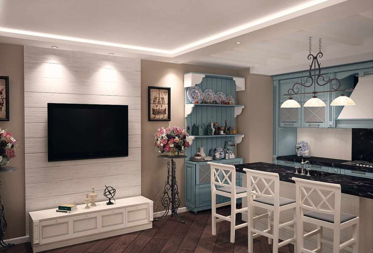 16 m2'lik bir oturma odası mutfağının parlak dekoruna bir örnek