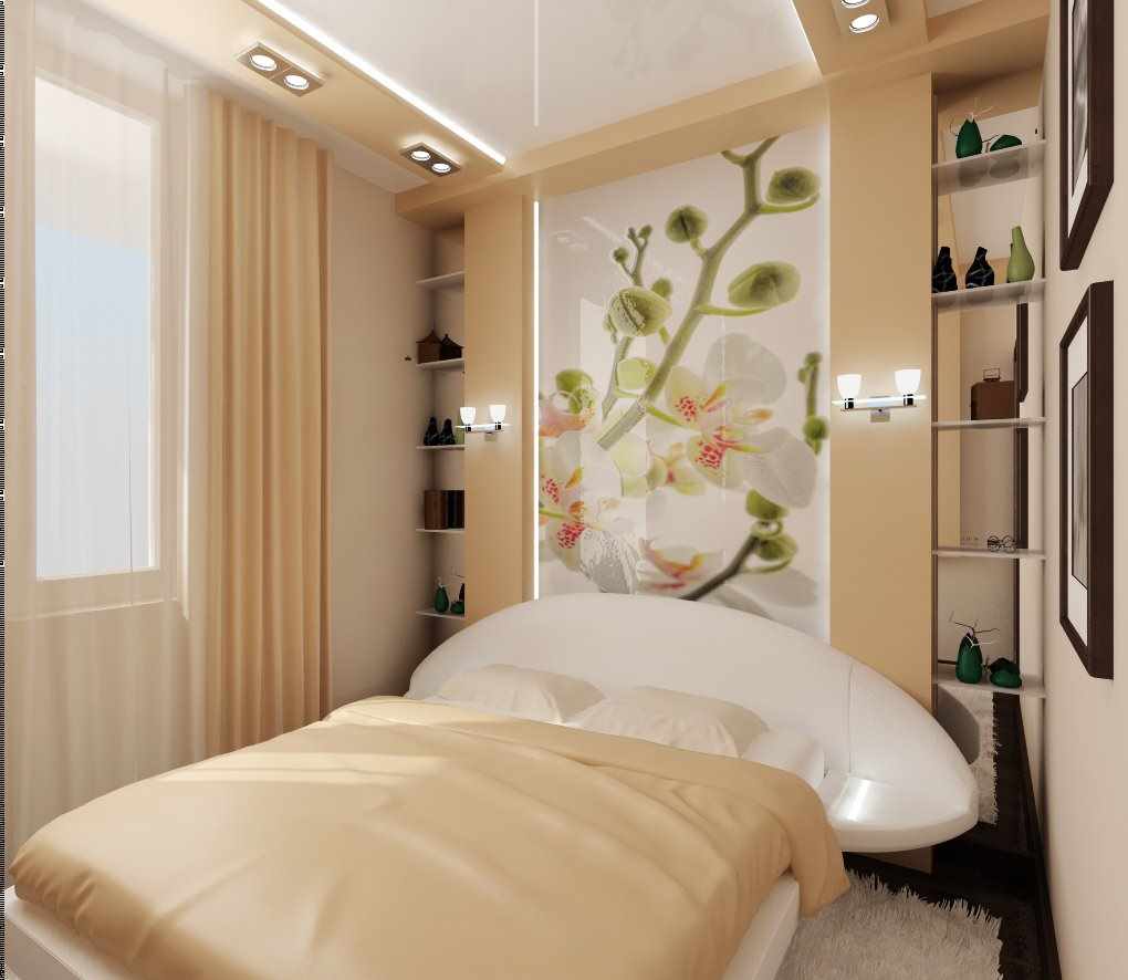 Dar bir yatak odasının parlak tasarımına bir örnek